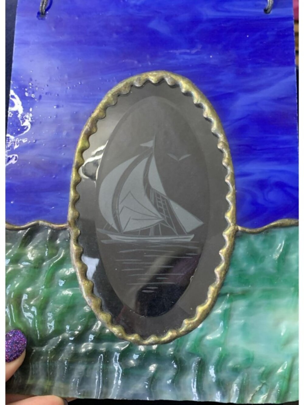 Etched Sailboat Stained Glass Nautical Suncatcher 7.75 x 5" Handcrafted Window